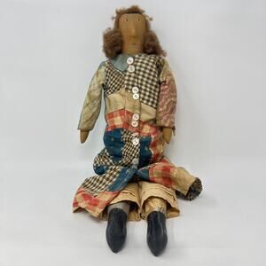 Primitive Antique Style Painted Cloth Rag Doll Handmade Grungy Patchwork 18 Inch
